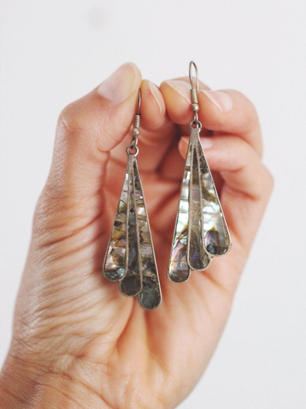 Vintage Alpaca Silver Abalone Shell Dangle Earrings Mexico Art Deco Fairy Wing F